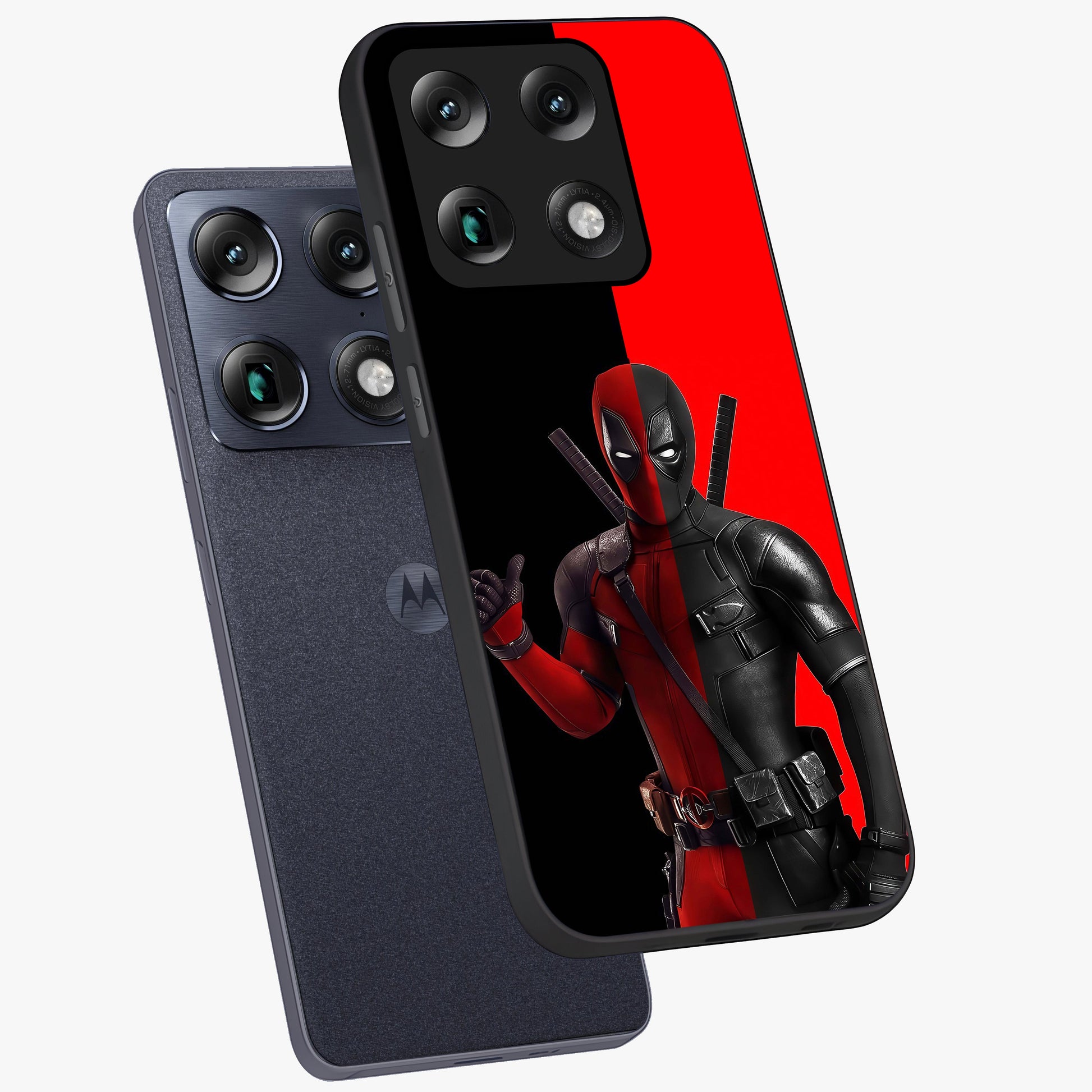 Red & Black Deadpool Theme Glass Case displayed in angled mockup highlighting vibrant superhero style illustration with action aesthetic.