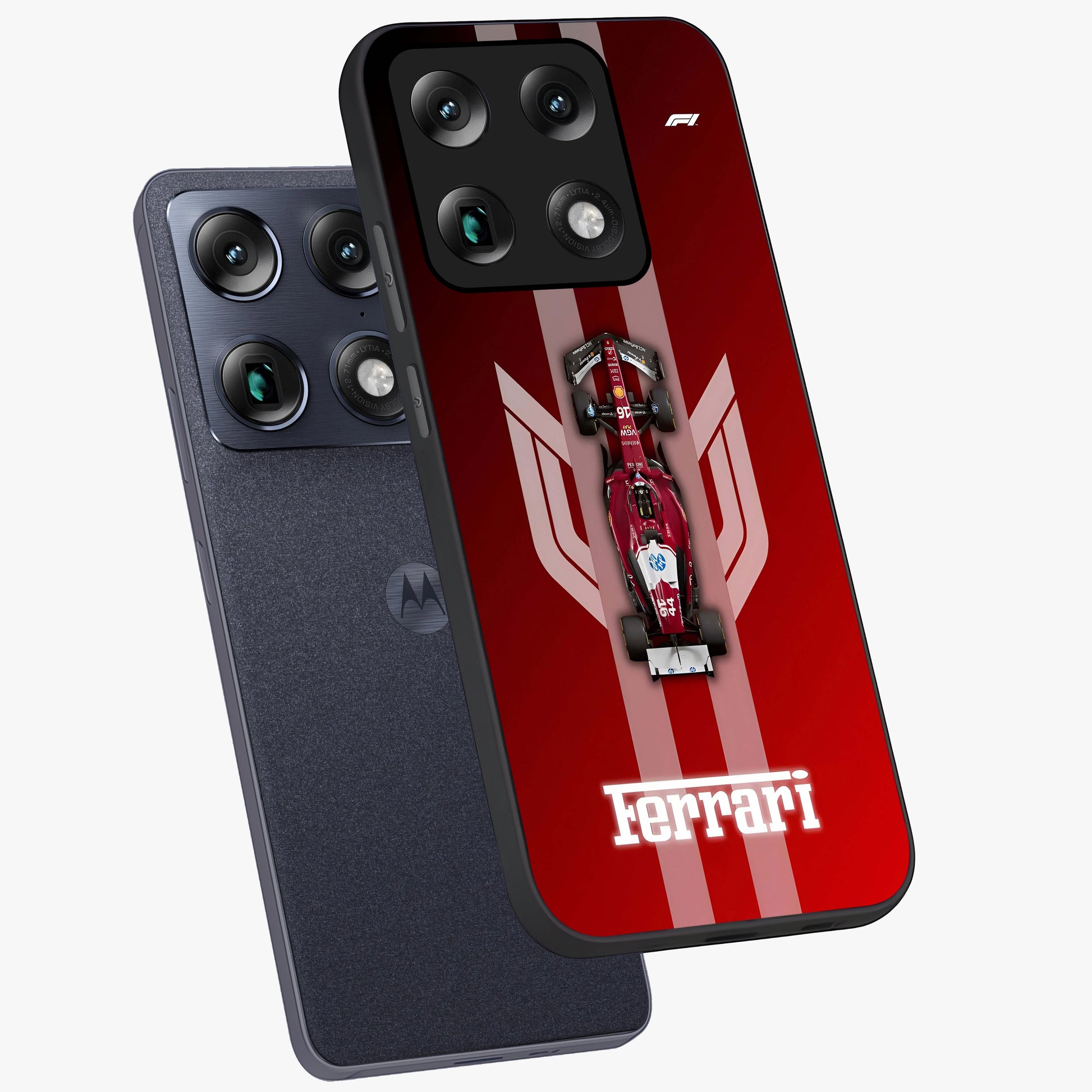 Red Ferrari F1 Vertical Glass Case displayed in angled mockup highlighting high speed racing design with bold automotive aesthetic.