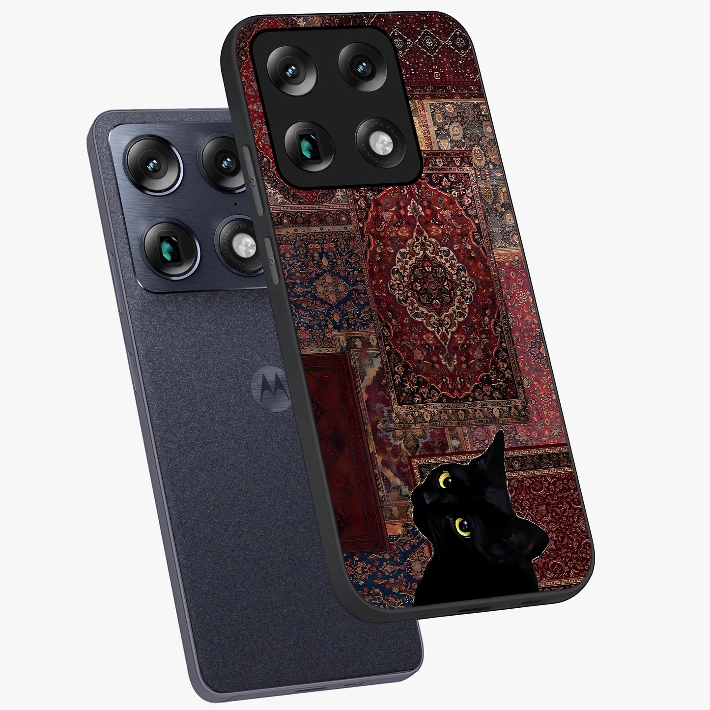 Regal Magic Cat Apple Glass Case displayed in angled mockup highlighting whimsical feline design with fantasy aesthetic.