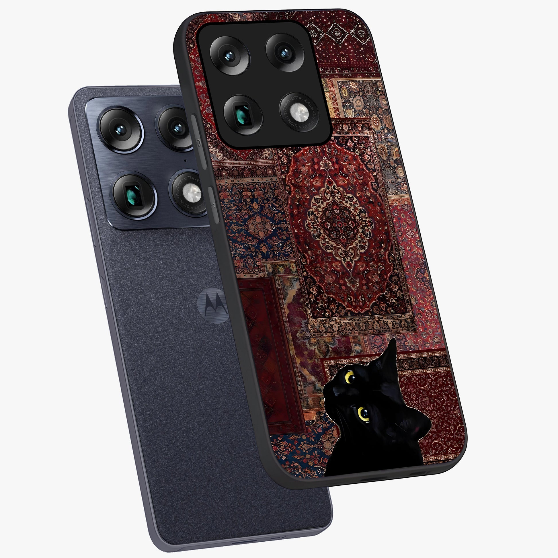 Regal Magic Cat Apple Glass Case displayed in angled mockup highlighting whimsical feline design with fantasy aesthetic.
