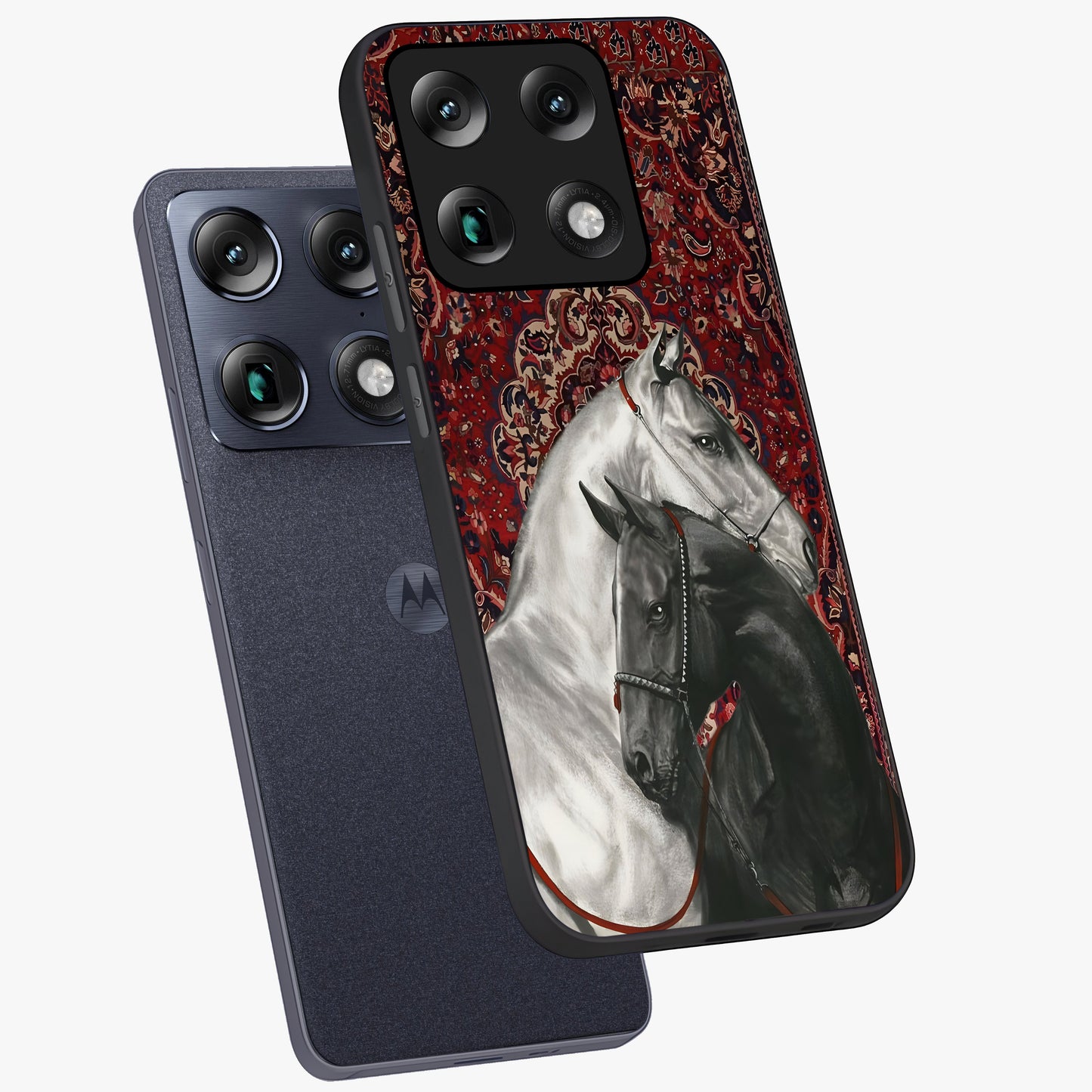 Regal Stallion Tapestry Glass Case displayed in angled mockup highlighting royal stallion design with decorative heritage aesthetic.