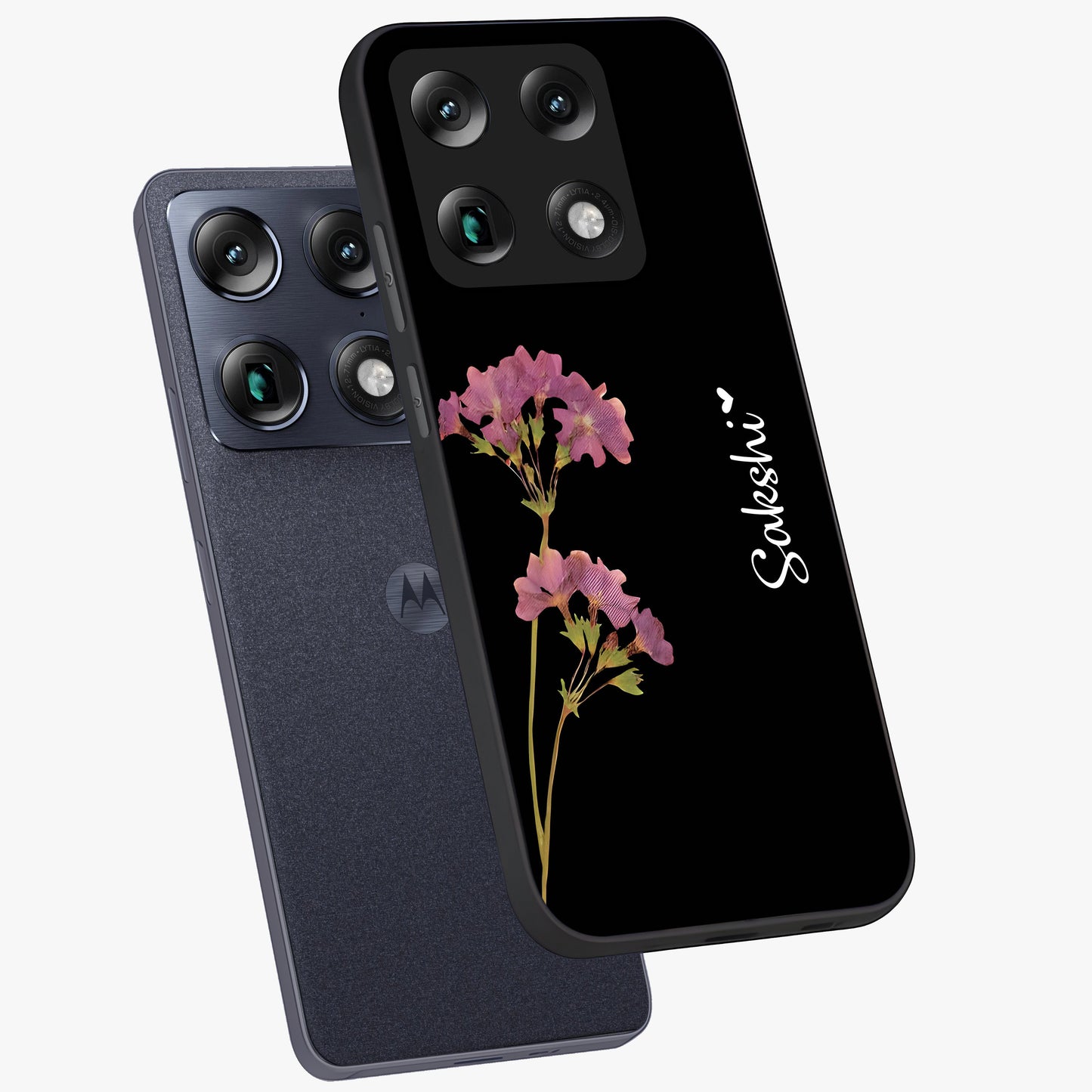 Riching Lavender Flower Custom Name Glass Case displayed in angled mockup highlighting delicate lavender flower design with custom name feature.