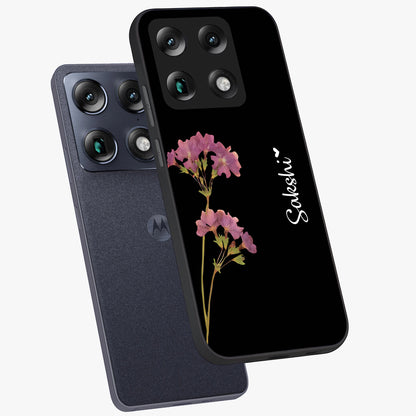Riching Lavender Flower Custom Name Glass Case displayed in angled mockup highlighting delicate lavender flower design with custom name feature.