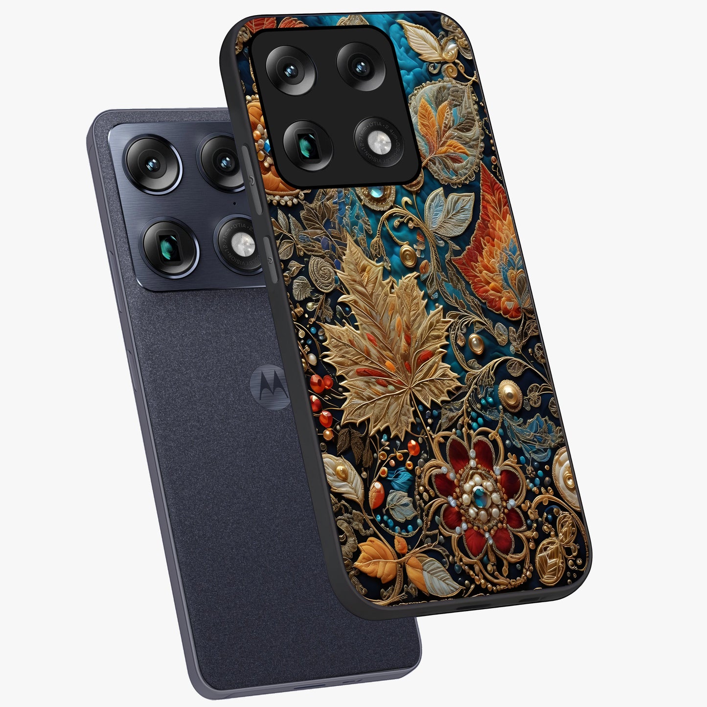 Royal Jewel Garden Glass Case displayed in angled mockup highlighting vibrant jewel inspired floral design with elegant aesthetic.