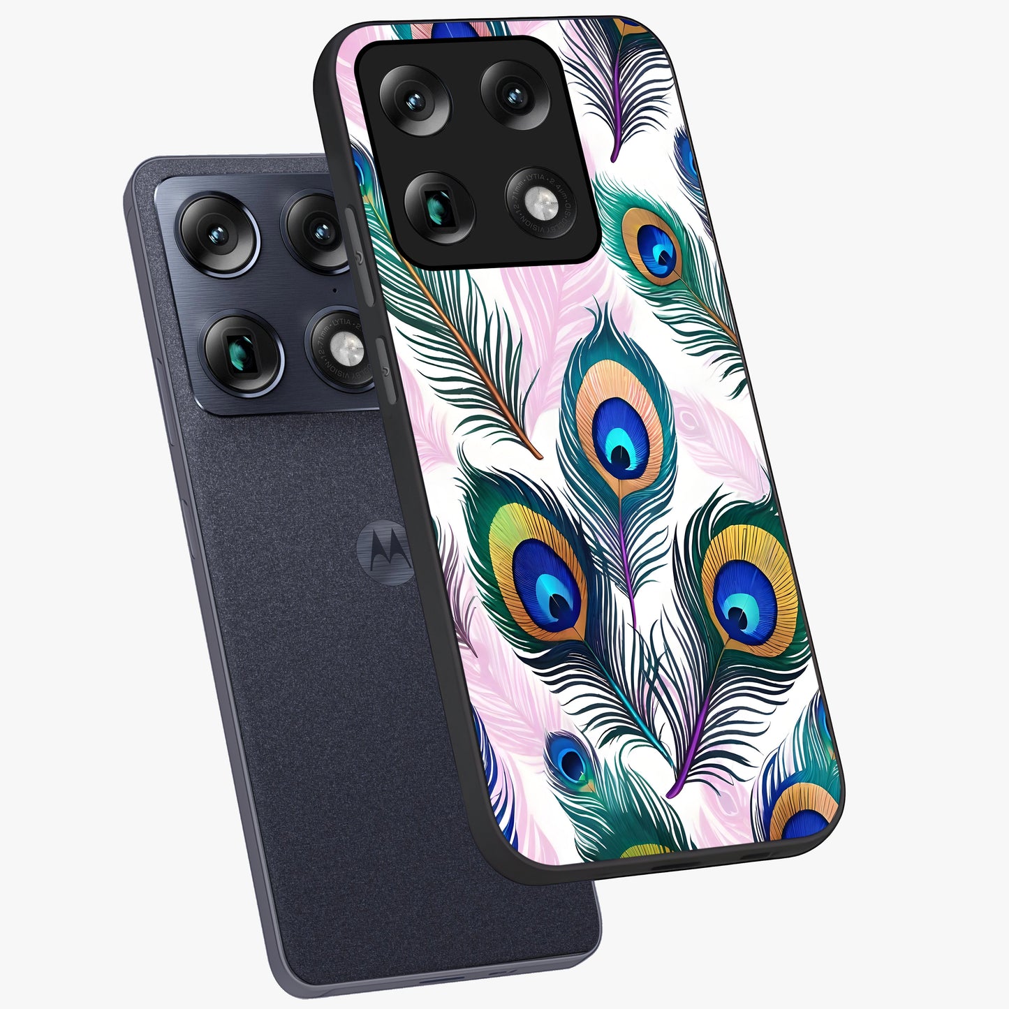 Royal Peacock Feathers Glass Case displayed in angled mockup highlighting vibrant feather pattern with regal aesthetic style.