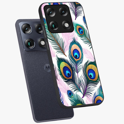 Royal Peacock Feathers Glass Case displayed in angled mockup highlighting vibrant feather pattern with regal aesthetic style.