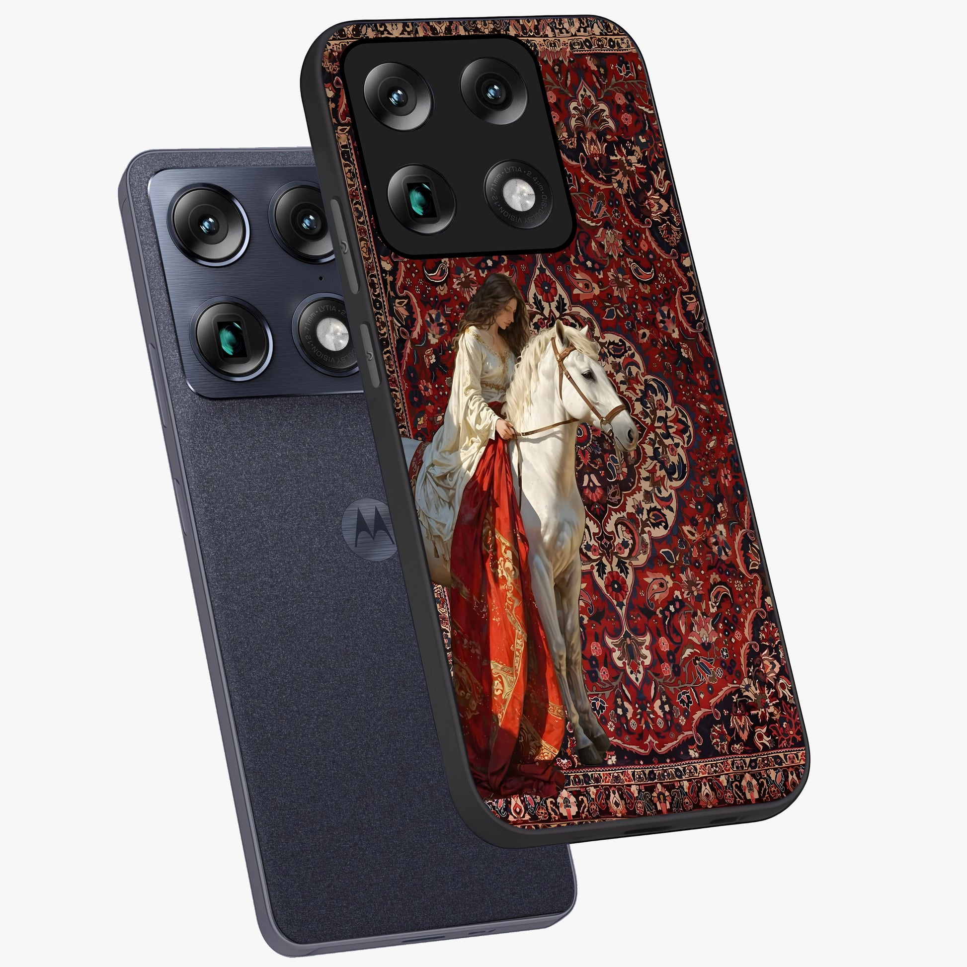 Royal Rider Tapestry Glass Case displayed in angled mockup highlighting traditional tapestry design with royal heritage aesthetic.