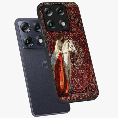 Royal Rider Tapestry Glass Case displayed in angled mockup highlighting traditional tapestry design with royal heritage aesthetic.