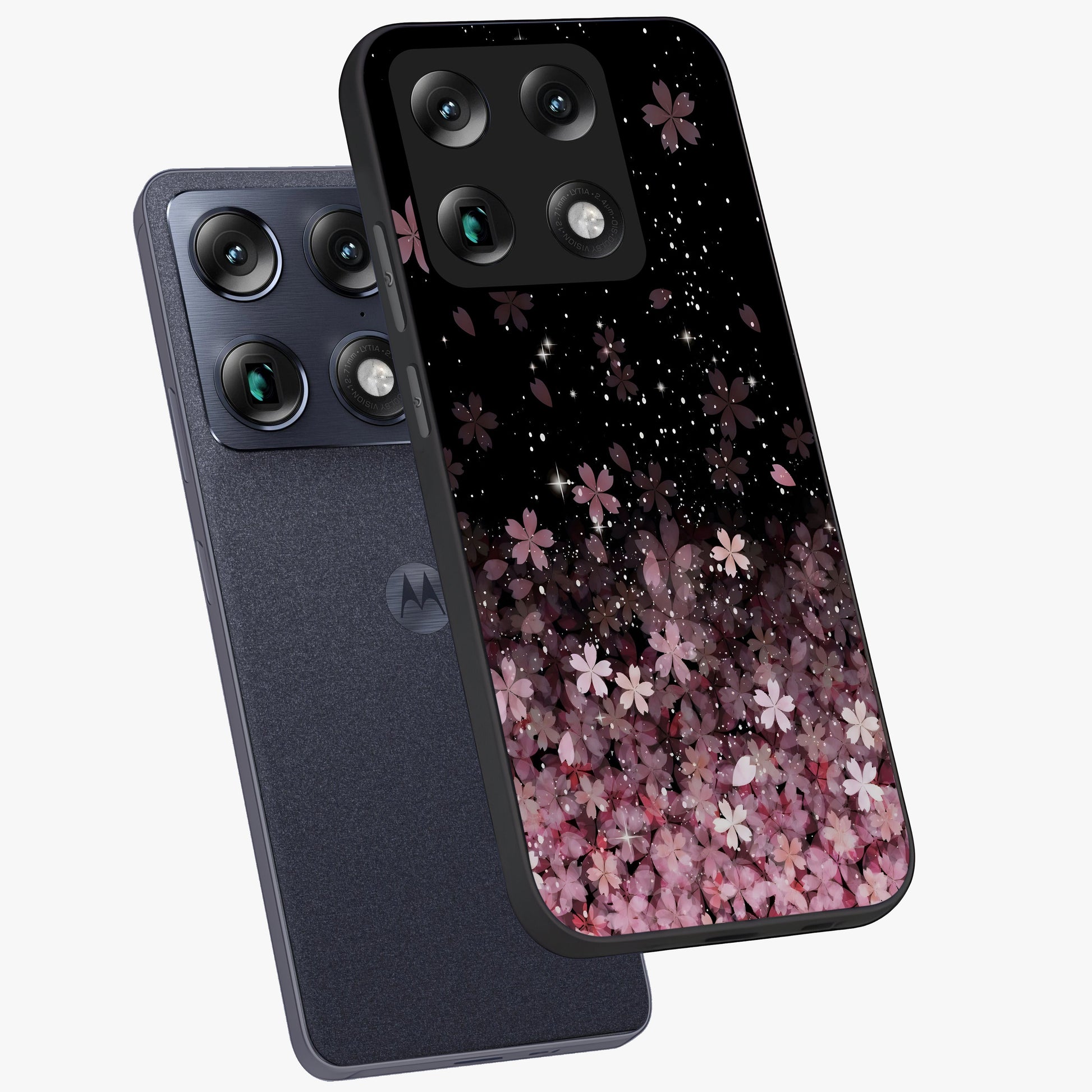 Small Starry Flowers Glass Case displayed in angled mockup highlighting tiny flower pattern with celestial aesthetic style.