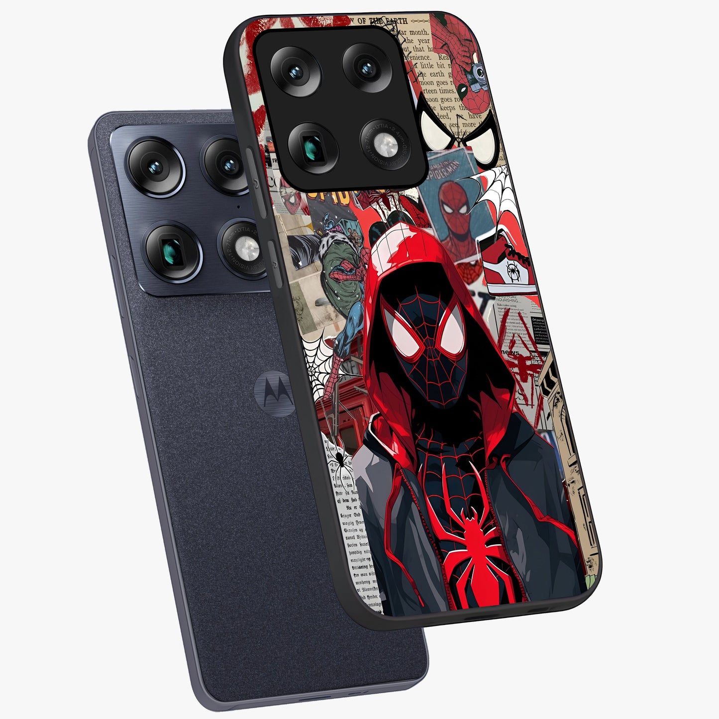 Spider Collage Street Glass Case displayed in angled mockup highlighting dynamic street style collage design with comic aesthetic.