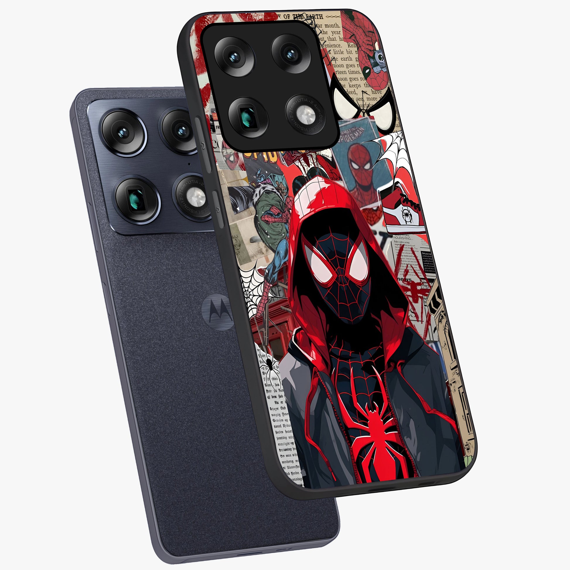 Spider Collage Street Glass Case displayed in angled mockup highlighting dynamic street style collage design with comic aesthetic.