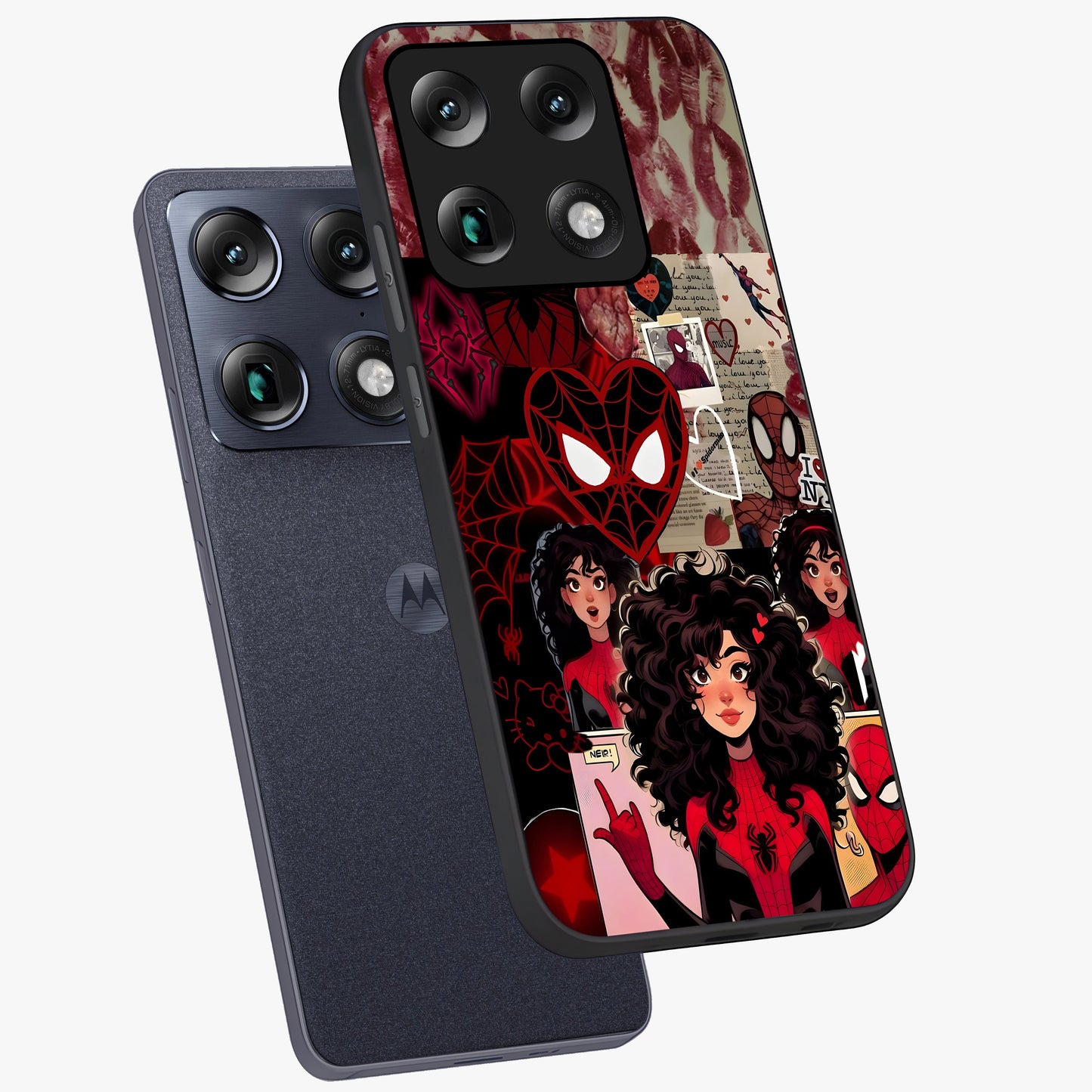 Spider Love Story Glass Case displayed in angled mockup highlighting expressive comic inspired design with playful aesthetic.