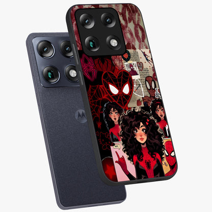 Spider Love Story Glass Case displayed in angled mockup highlighting expressive comic inspired design with playful aesthetic.