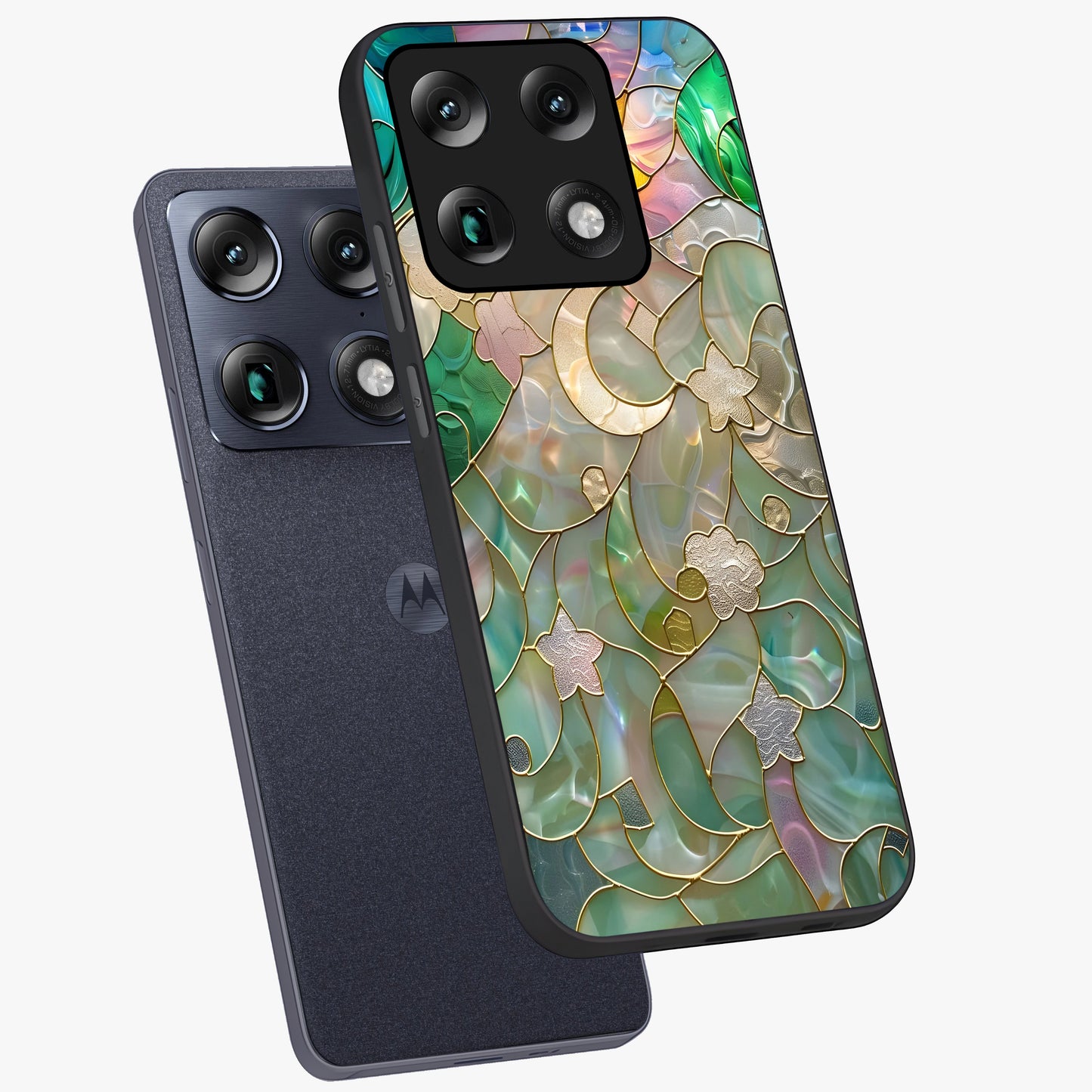 Stained Sunrise Glow Glass Case displayed in angled mockup highlighting radiant sunrise design with artistic aesthetic style.