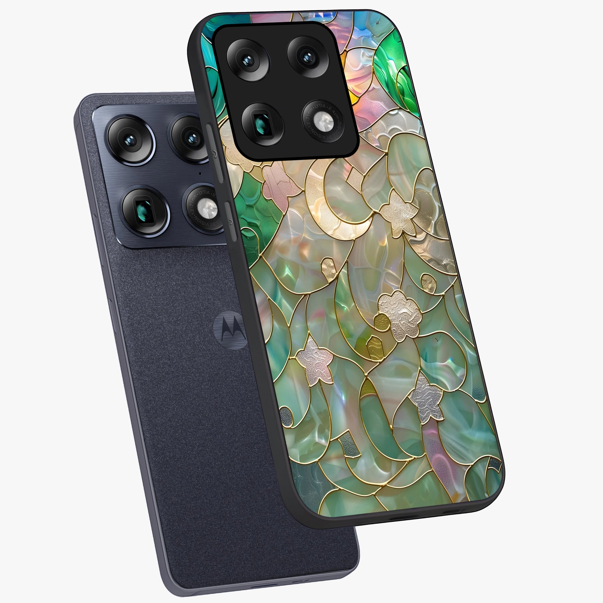 Stained Sunrise Glow Glass Case displayed in angled mockup highlighting radiant sunrise design with artistic aesthetic style.