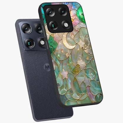 Stained Sunrise Glow Glass Case displayed in angled mockup highlighting radiant sunrise design with artistic aesthetic style.