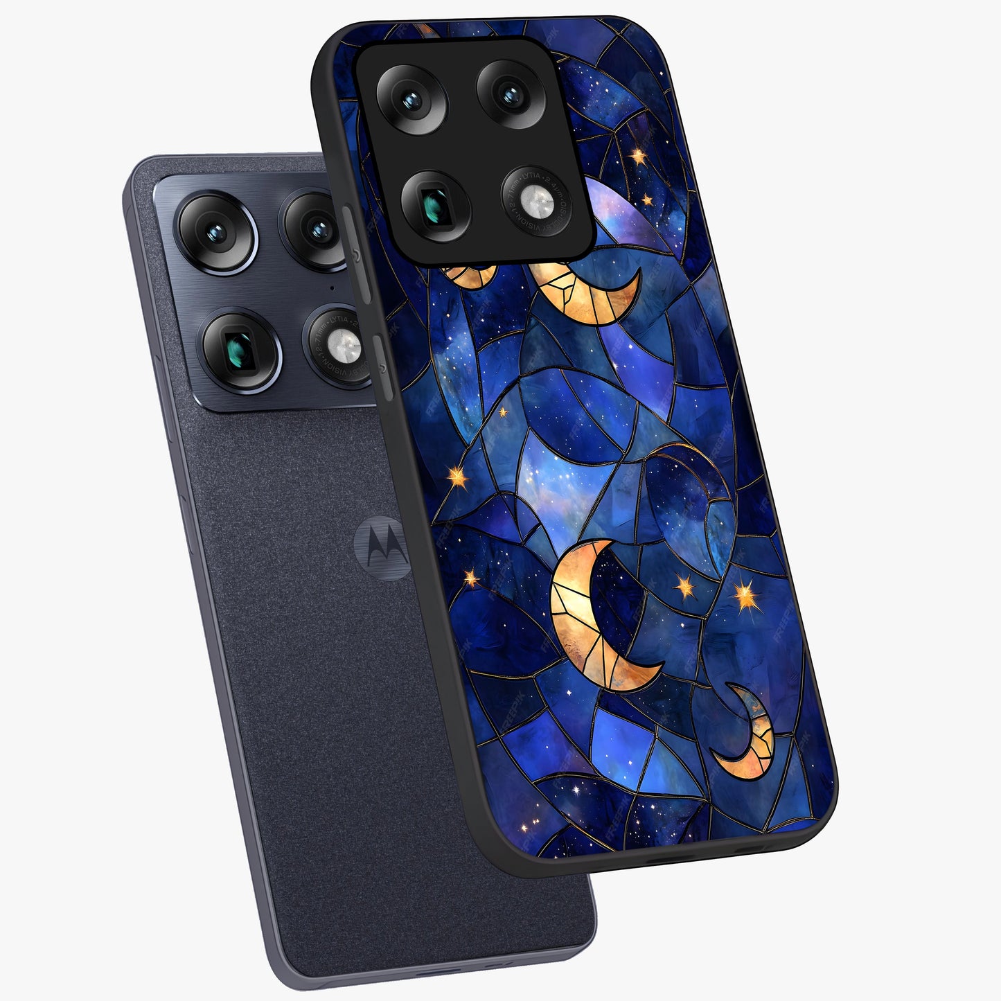Starlit Sky Tapestry Glass Case displayed in angled mockup highlighting celestial night pattern with artistic aesthetic style.