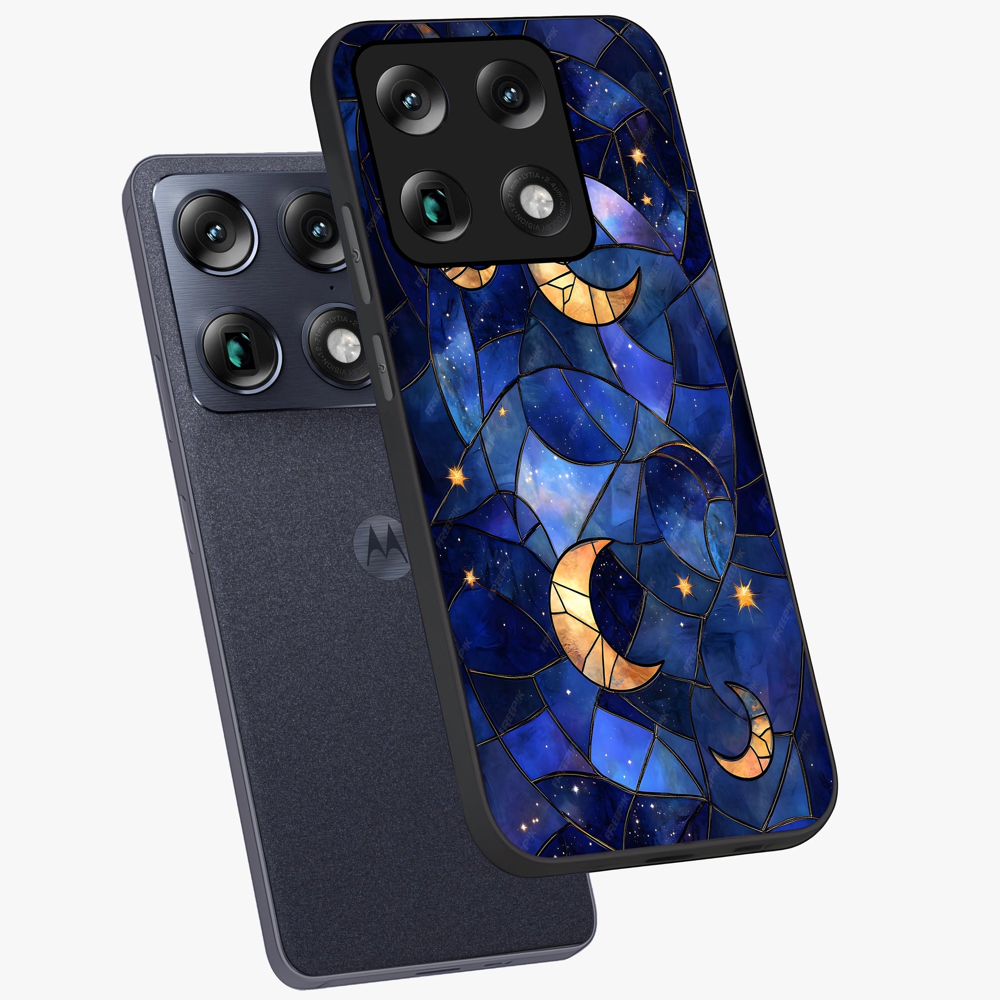 Starlit Sky Tapestry Glass Case displayed in angled mockup highlighting celestial night pattern with artistic aesthetic style.