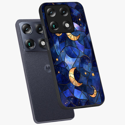 Starlit Sky Tapestry Glass Case displayed in angled mockup highlighting celestial night pattern with artistic aesthetic style.