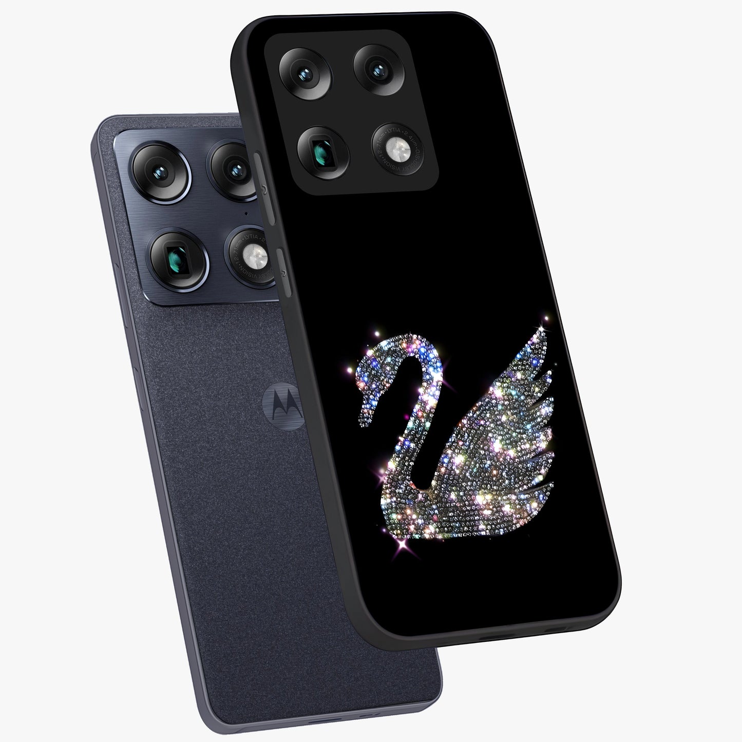 Starlit Swan Grace Glass Case displayed in angled mockup highlighting elegant swan illustration with dreamy celestial aesthetic.