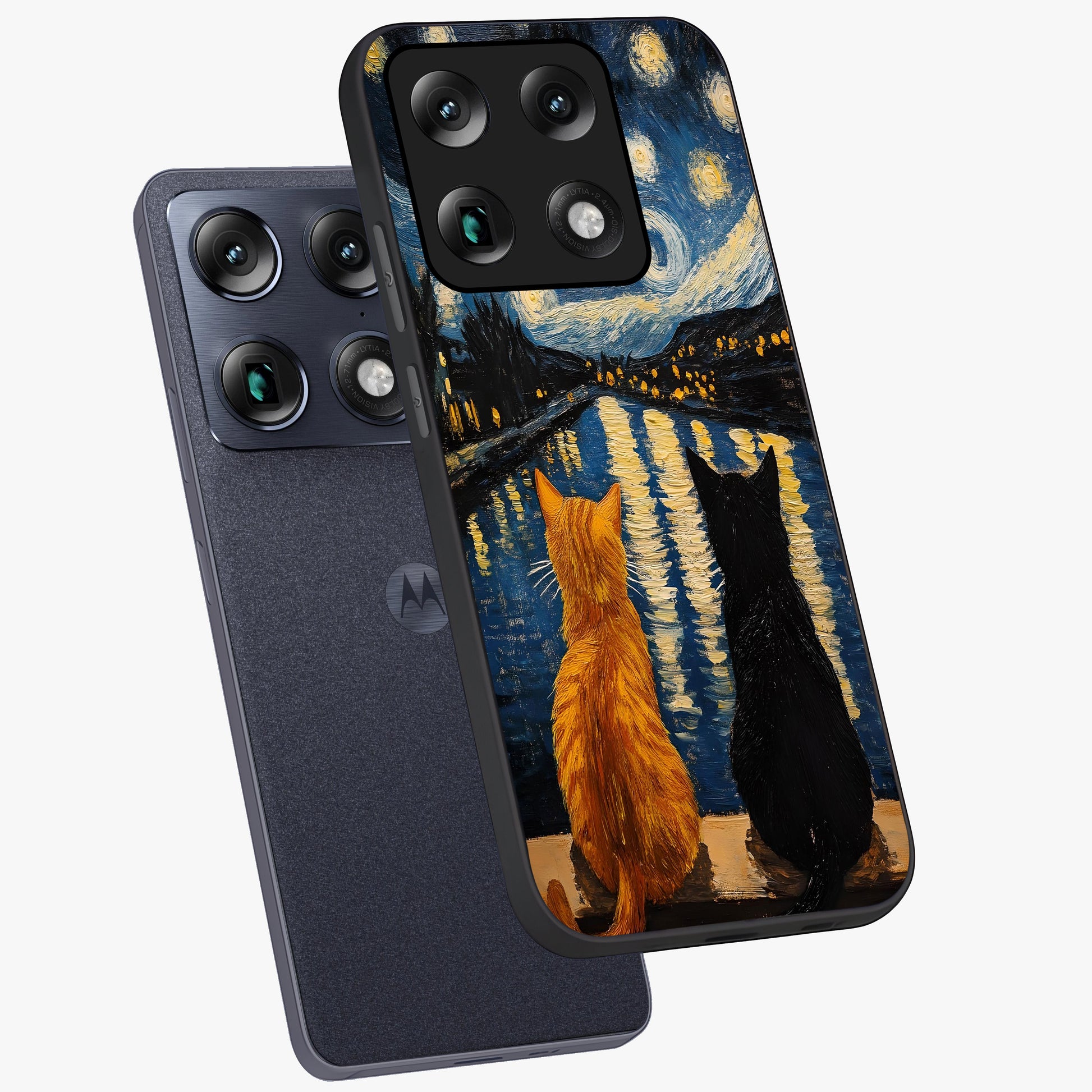 Starry River Cats Glass Case displayed in angled mockup highlighting charming feline illustration with dreamy night aesthetic.