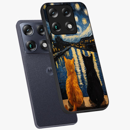 Starry River Cats Glass Case displayed in angled mockup highlighting charming feline illustration with dreamy night aesthetic.