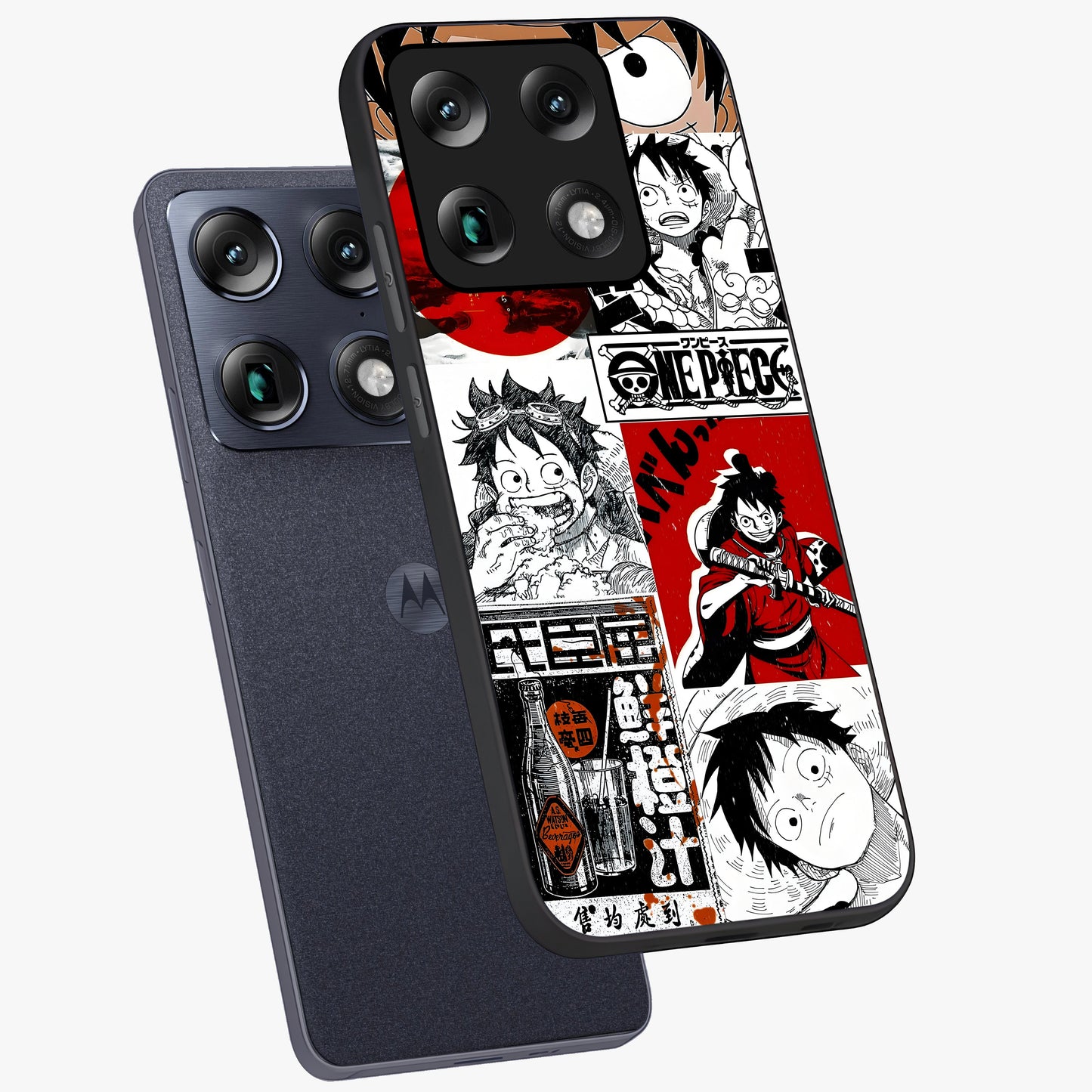 Strawhat Chaos Panels Glass Case displayed in angled mockup highlighting vibrant anime collage design with action aesthetic.