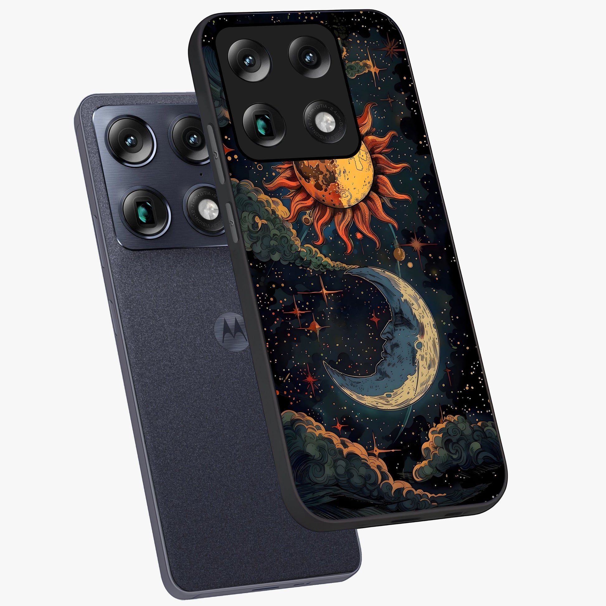 Sun And Moon Magic Design Glass Case displayed in angled mockup highlighting celestial design with magical cosmic aesthetic.