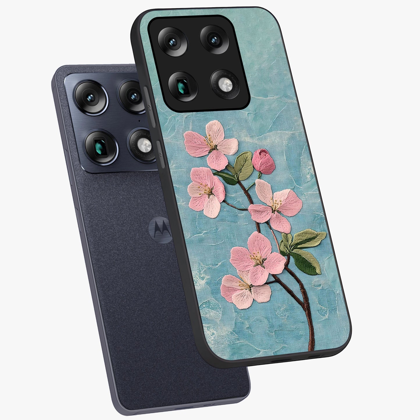Threaded Blossom Breeze Glass Case displayed in angled mockup highlighting elegant floral design with soft aesthetic style.