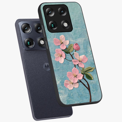 Threaded Blossom Breeze Glass Case displayed in angled mockup highlighting elegant floral design with soft aesthetic style.