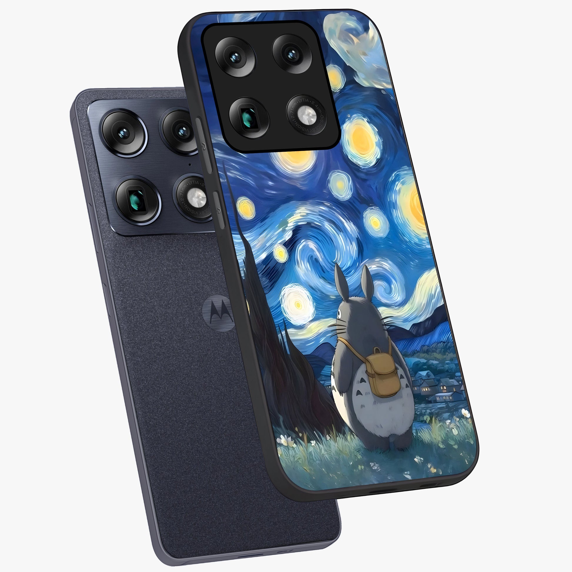 Totoro In Van Gogh Art Glass Case displayed in angled mockup highlighting artistic swirling sky design with playful animation aesthetic.