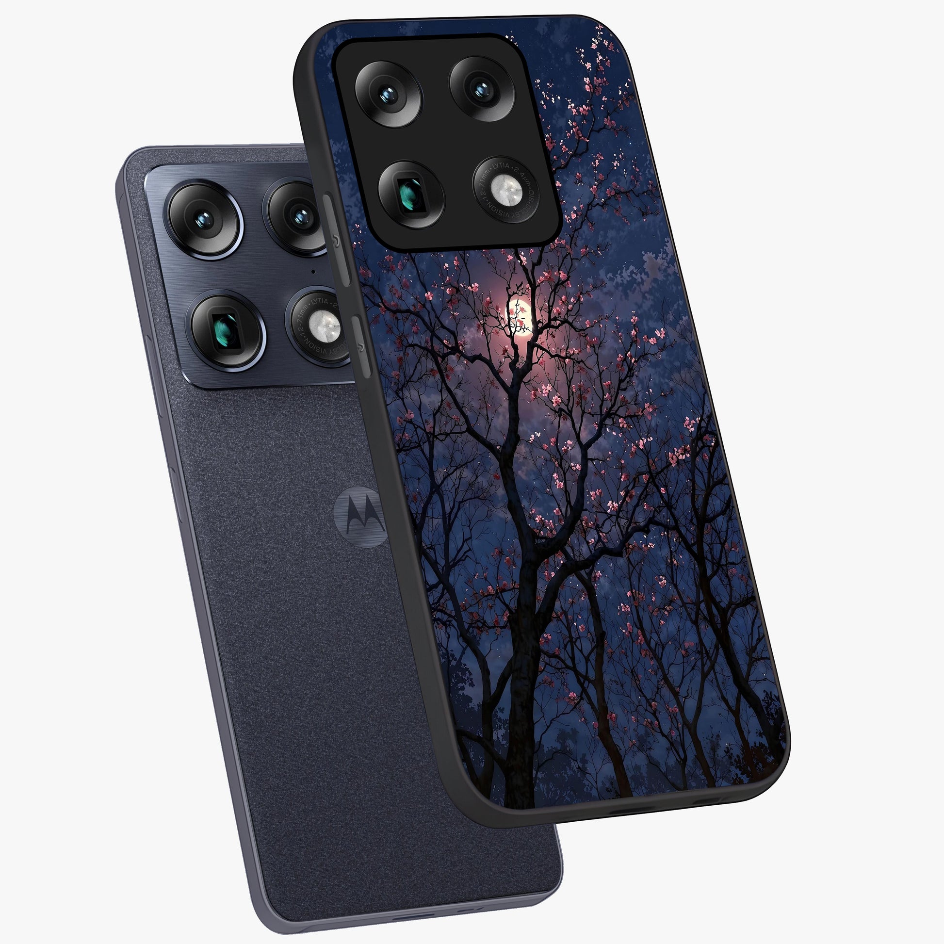 Twilight Sakura Serenade Glass Case displayed in angled mockup highlighting delicate sakura flower design with dreamy aesthetic.