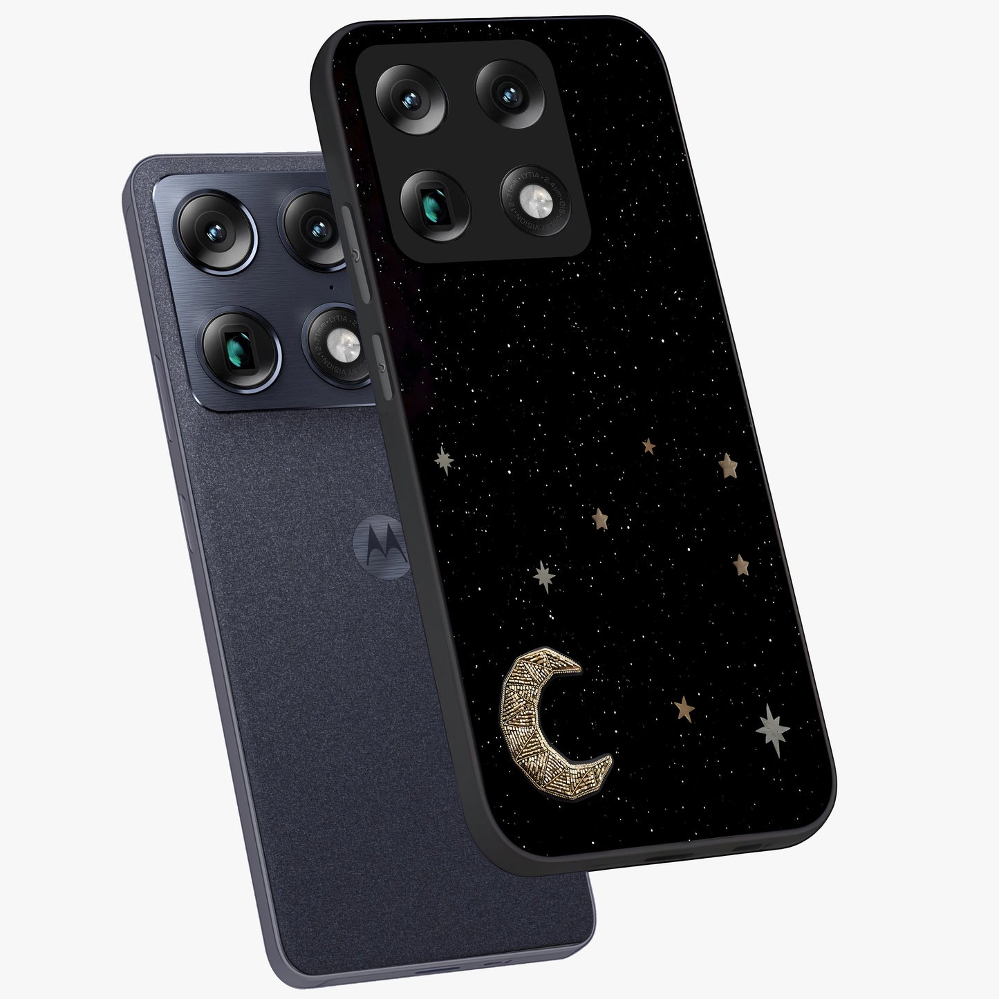 Twinkle Star With Half Moon Glass Case displayed in angled mockup highlighting celestial moon and star design with magical aesthetic.