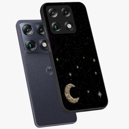 Twinkle Star With Half Moon Glass Case displayed in angled mockup highlighting celestial moon and star design with magical aesthetic.