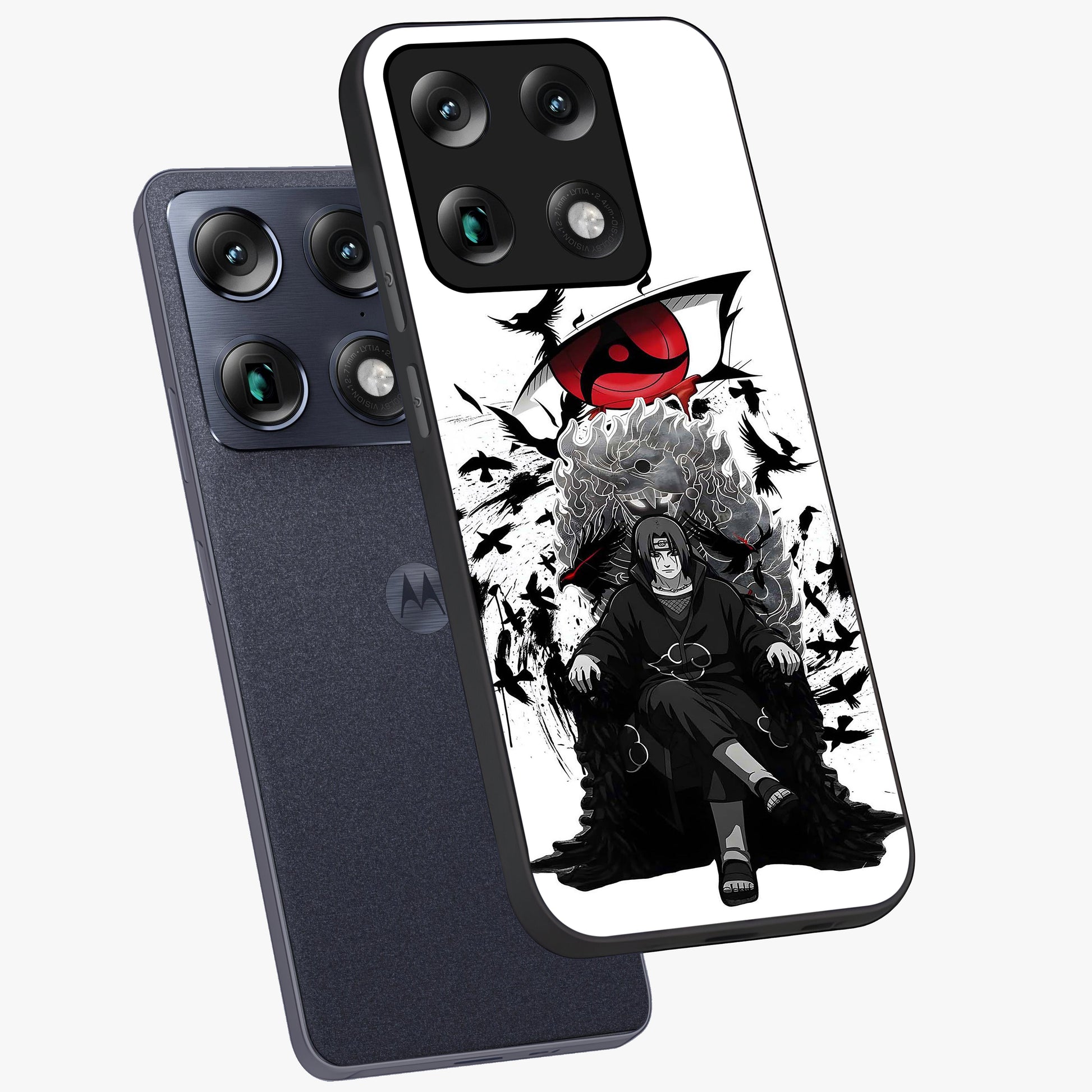 Uchiha Shadow Throne Glass Case displayed in angled mockup highlighting glowing aquatic design with celestial aesthetic.