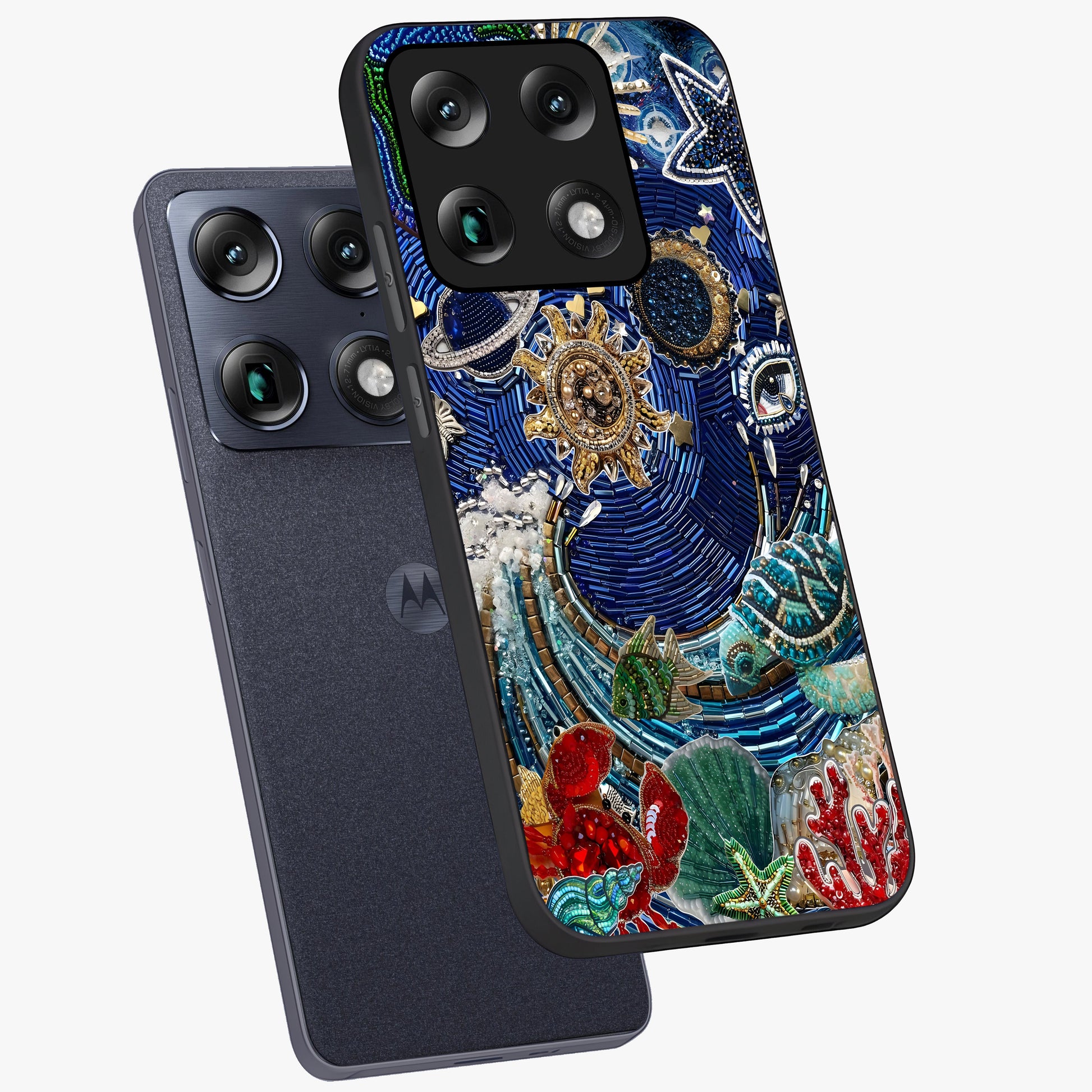 Universe Underwater Spark Glass Case displayed in angled mockup highlighting glowing aquatic design with celestial aesthetic.