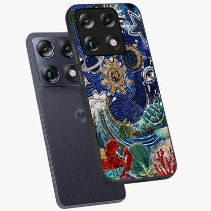 Universe Underwater Spark Glass Case displayed in angled mockup highlighting glowing aquatic design with celestial aesthetic.