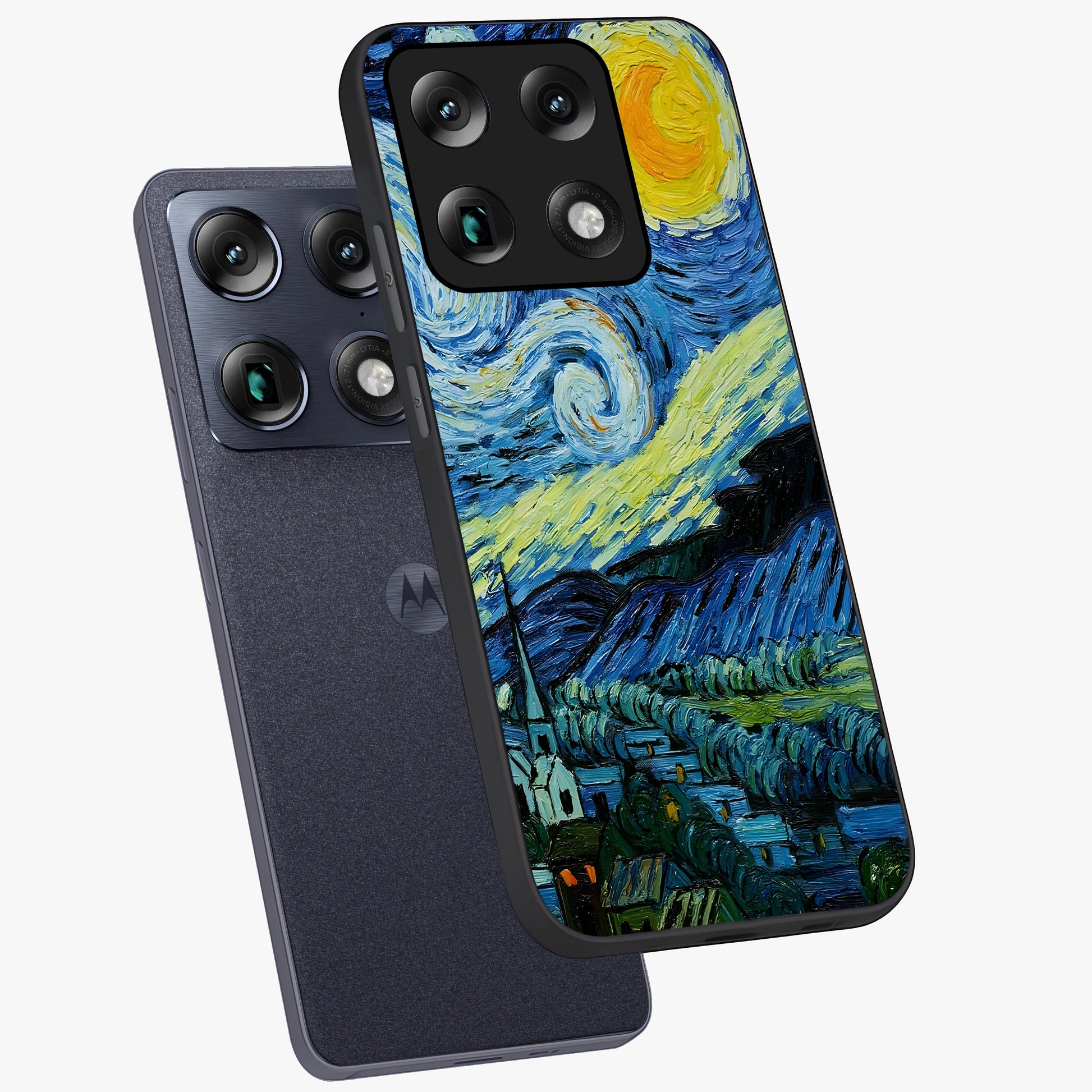 Van Gogh Art Glass Case displayed in angled mockup highlighting swirling brushstroke design with artistic aesthetic.
