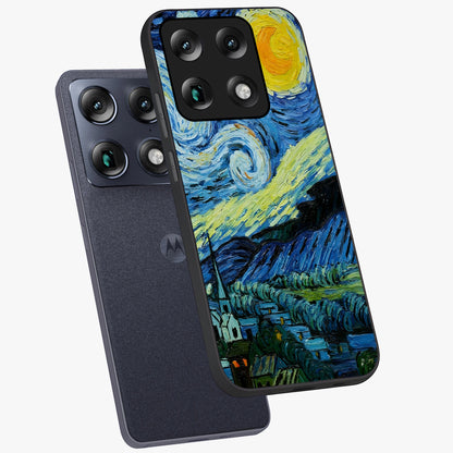 Van Gogh Art Glass Case displayed in angled mockup highlighting swirling brushstroke design with artistic aesthetic.