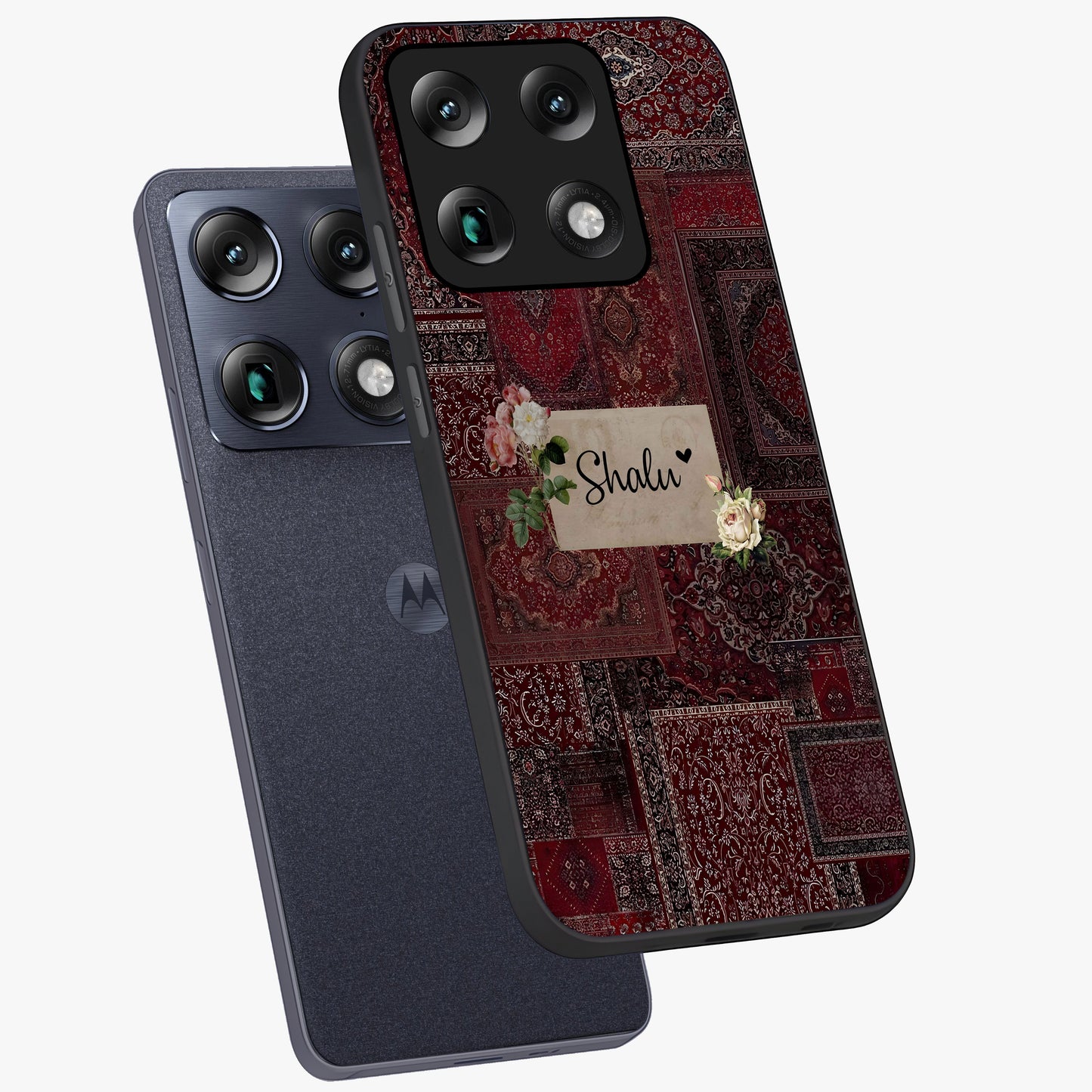 Velvet Wine Pattern Custom Name Glass Case displayed in angled mockup highlighting decorative velvet inspired design with custom name feature.