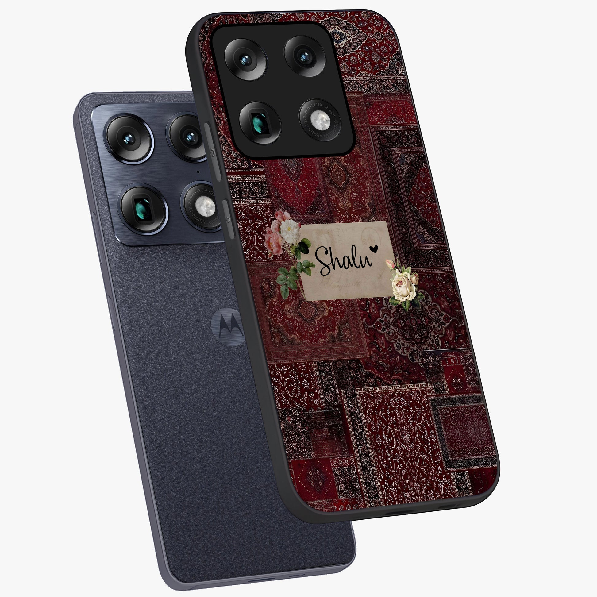 Velvet Wine Pattern Custom Name Glass Case displayed in angled mockup highlighting decorative velvet inspired design with custom name feature.