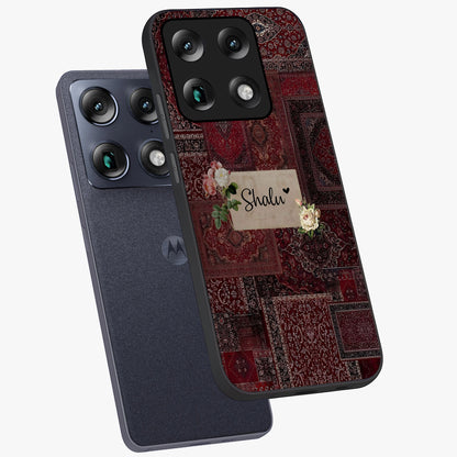 Velvet Wine Pattern Custom Name Glass Case displayed in angled mockup highlighting decorative velvet inspired design with custom name feature.