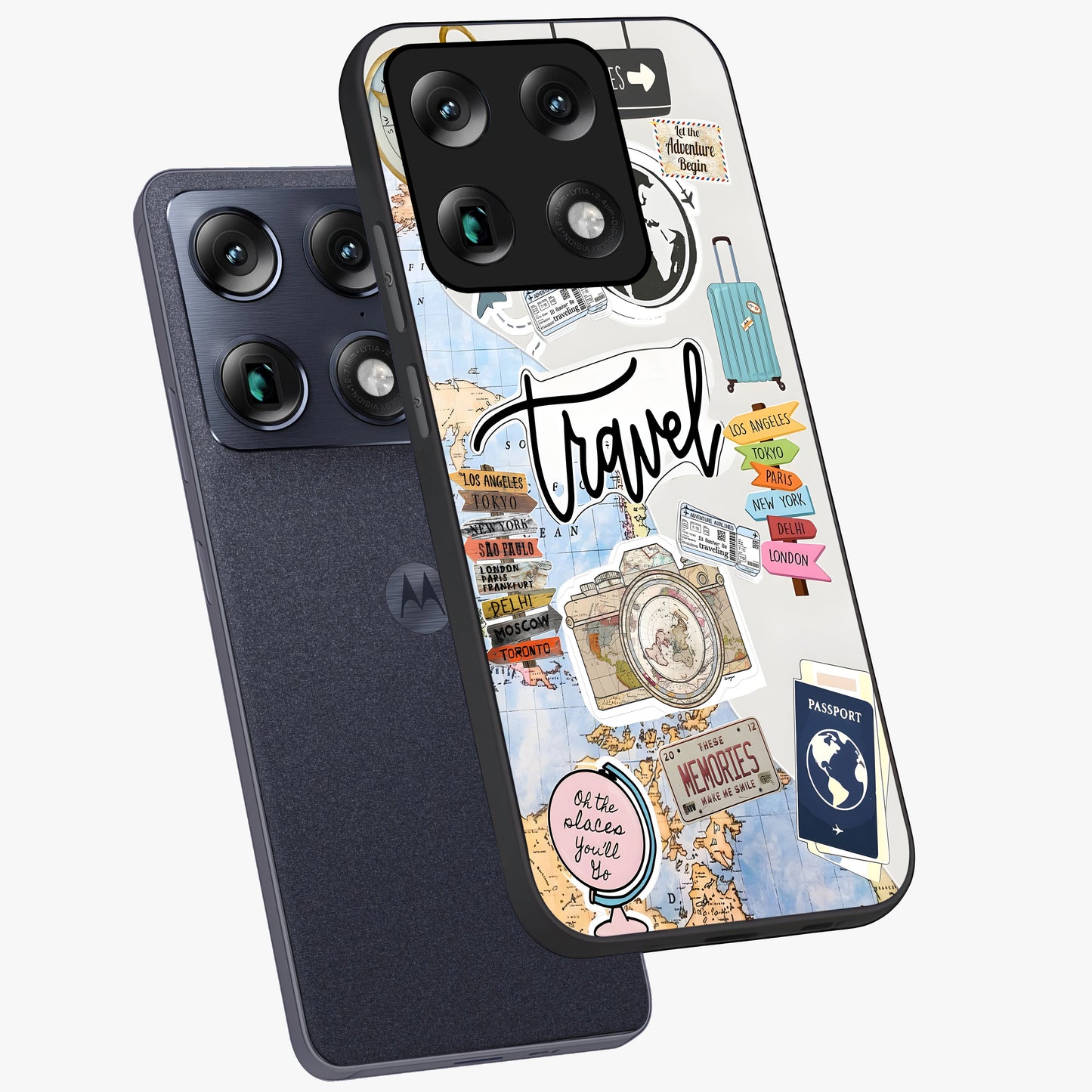 Wanderlust Journal Glass Case displayed in angled mockup highlighting adventure themed design with aesthetic travel vibe.