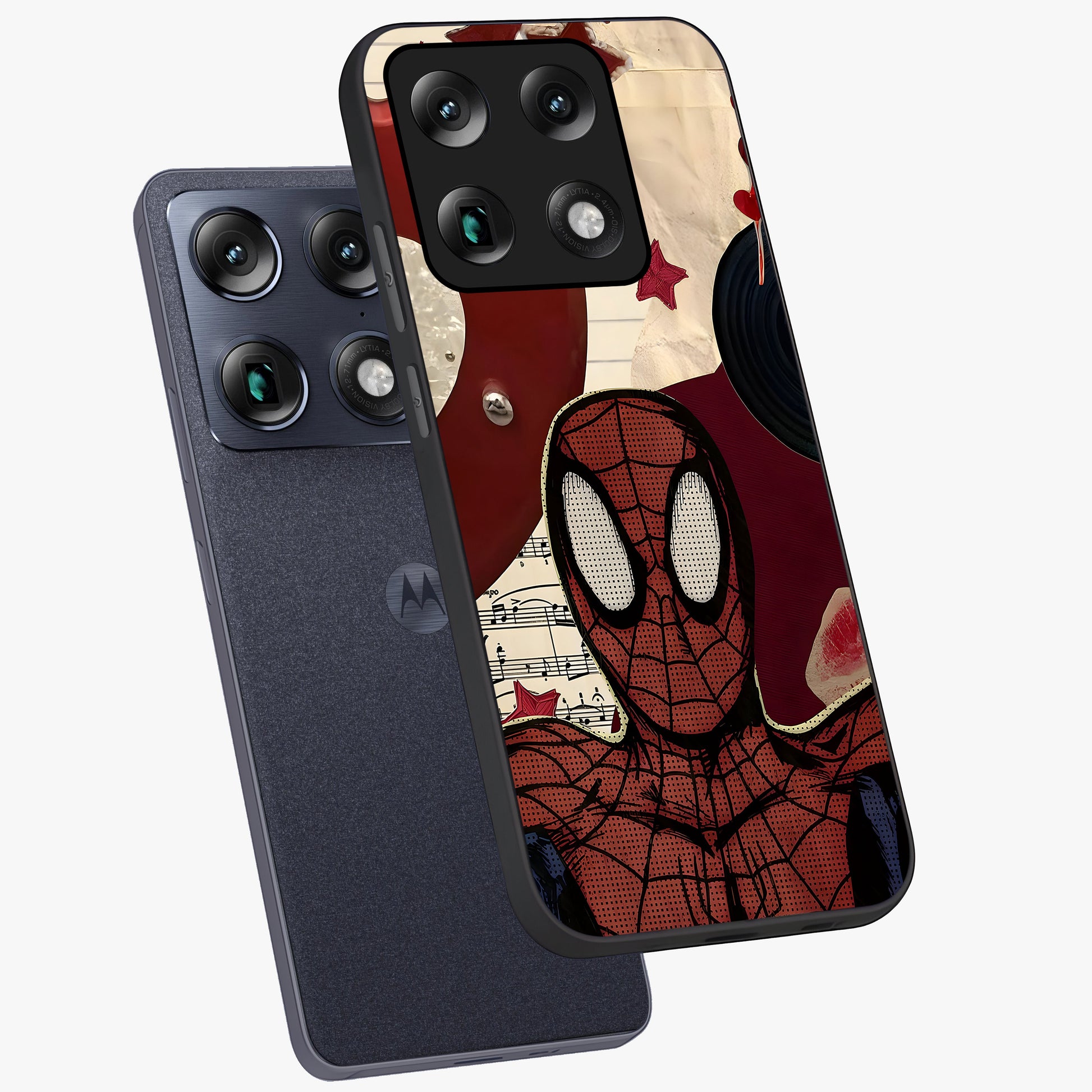 Web Warrior Vibes Glass Case displayed in angled mockup highlighting dynamic web design with comic style aesthetic.