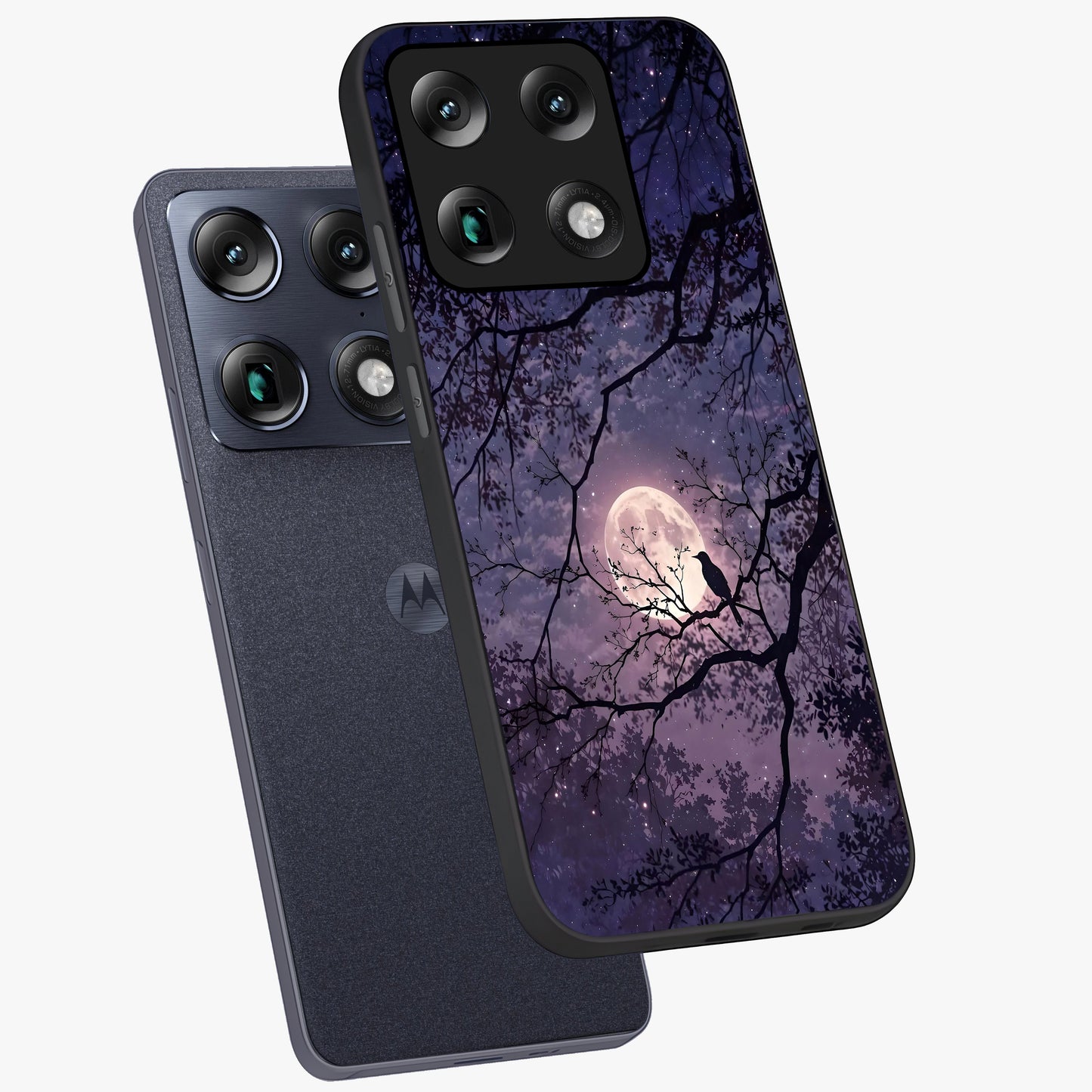 Whispering Moon Silence Glass Case displayed in angled mockup highlighting calm lunar design with dreamy night aesthetic.