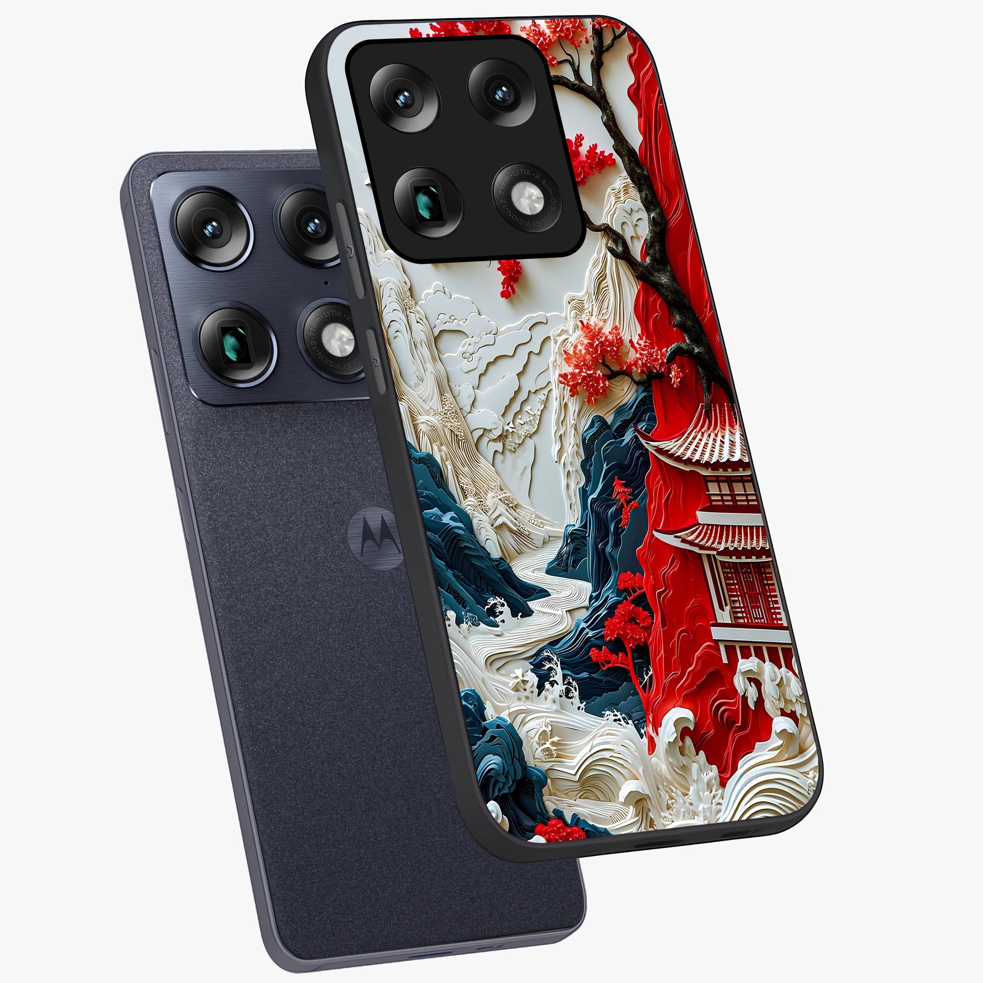 Whispers Of Sakura Waves Glass Case displayed in angled mockup highlighting flowing sakura design with soft floral aesthetic.