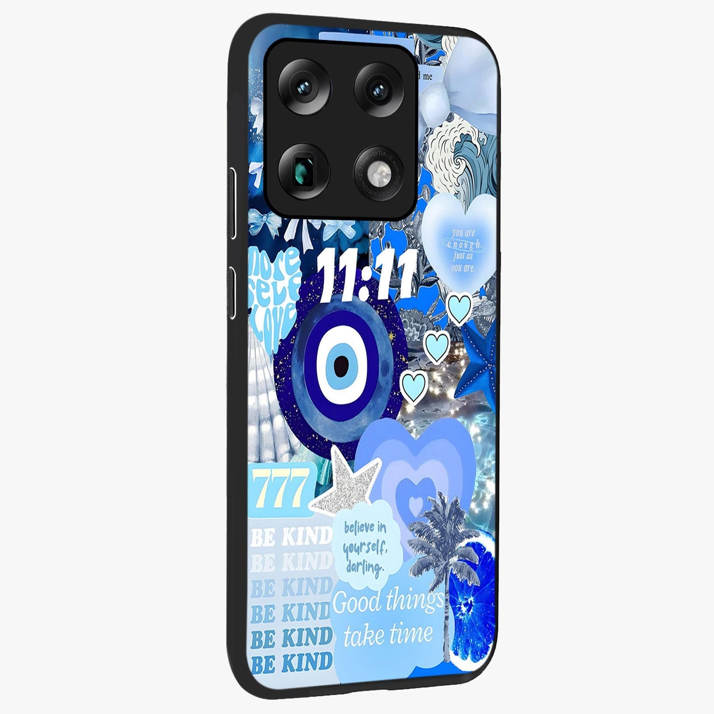 Aesthetic Be Kind Eye Glass Case upright view showcasing stylish eye illustration with positive message theme.