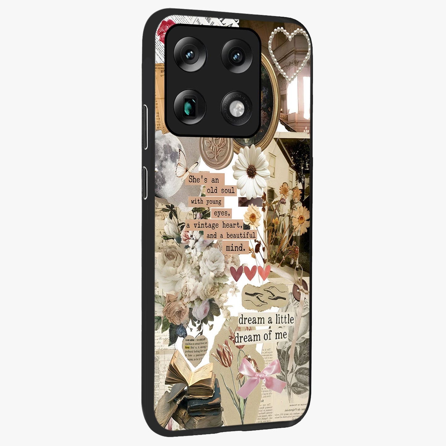 Aesthetic Brown Vintage Collage Glass Case upright view showcasing nostalgic retro artwork with stylish vintage theme.
