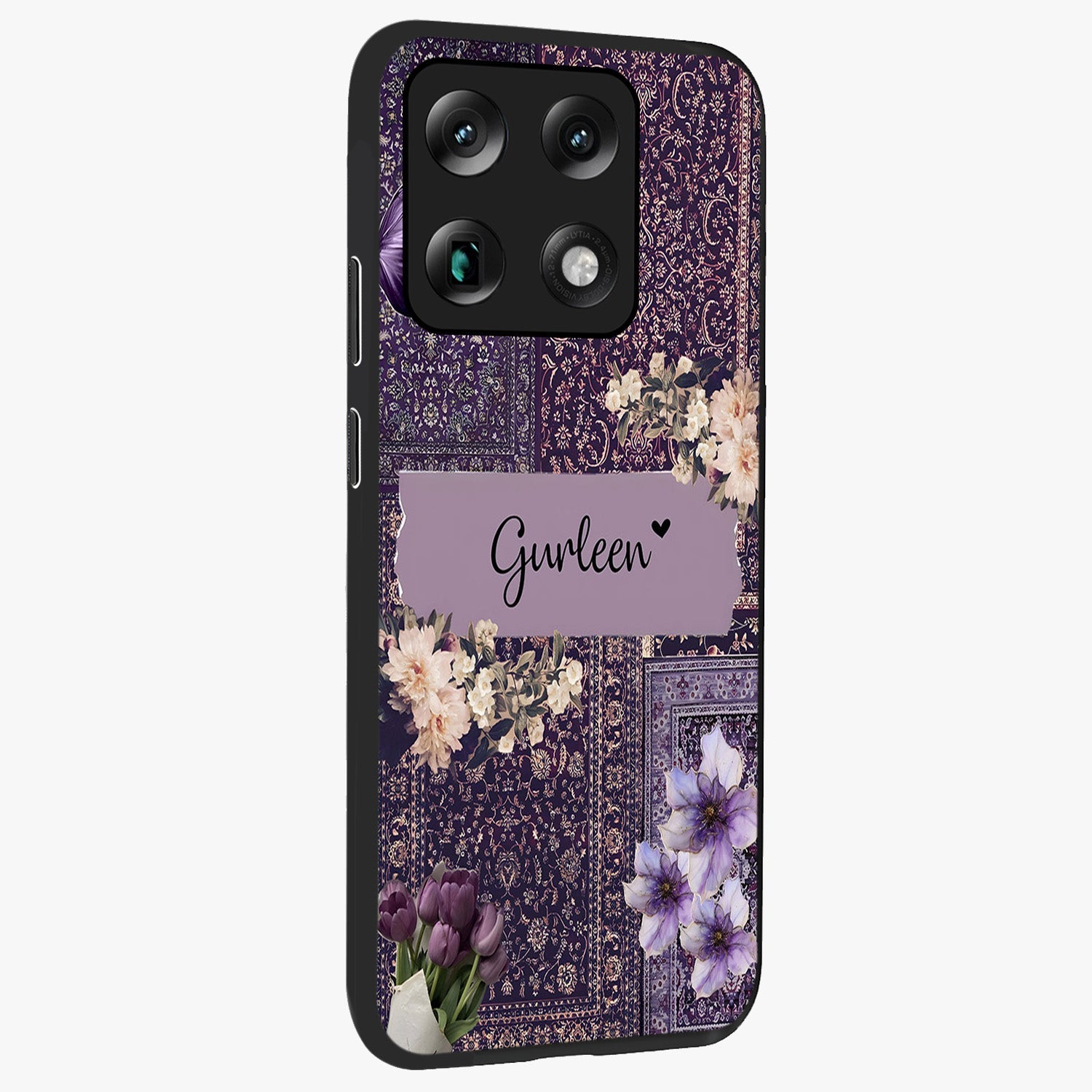 Antique Floral Whisper Custom Name Glass Case upright view showcasing delicate floral artwork with custom name feature.