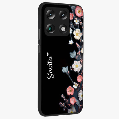 Black Elegance Floral Custom Name Glass Case upright view showcasing luxurious black floral design with personalized name detail.